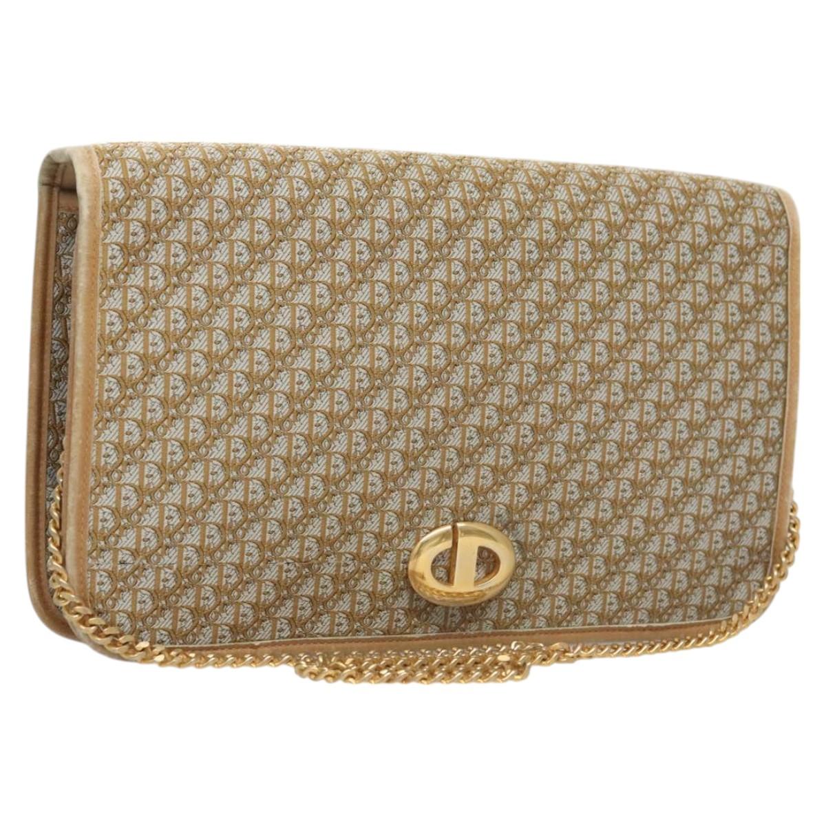 Christian Dior Trotter Canvas Chain Shoulder Bag Beige Gold Auth 123721