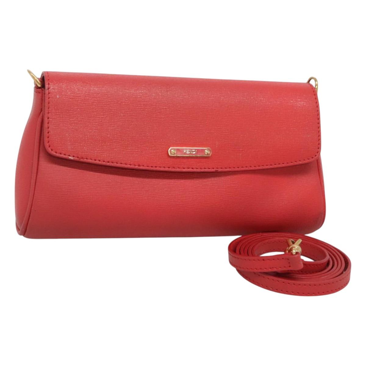 FENDI Shoulder Bag Leather Red Gold Auth 123730