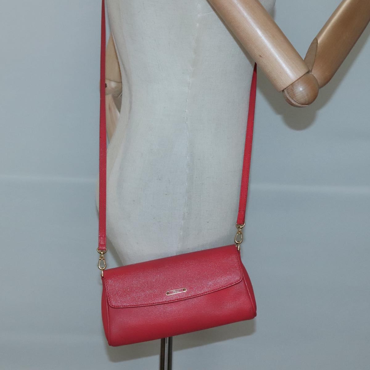 FENDI Shoulder Bag Leather Red Gold Auth 123730