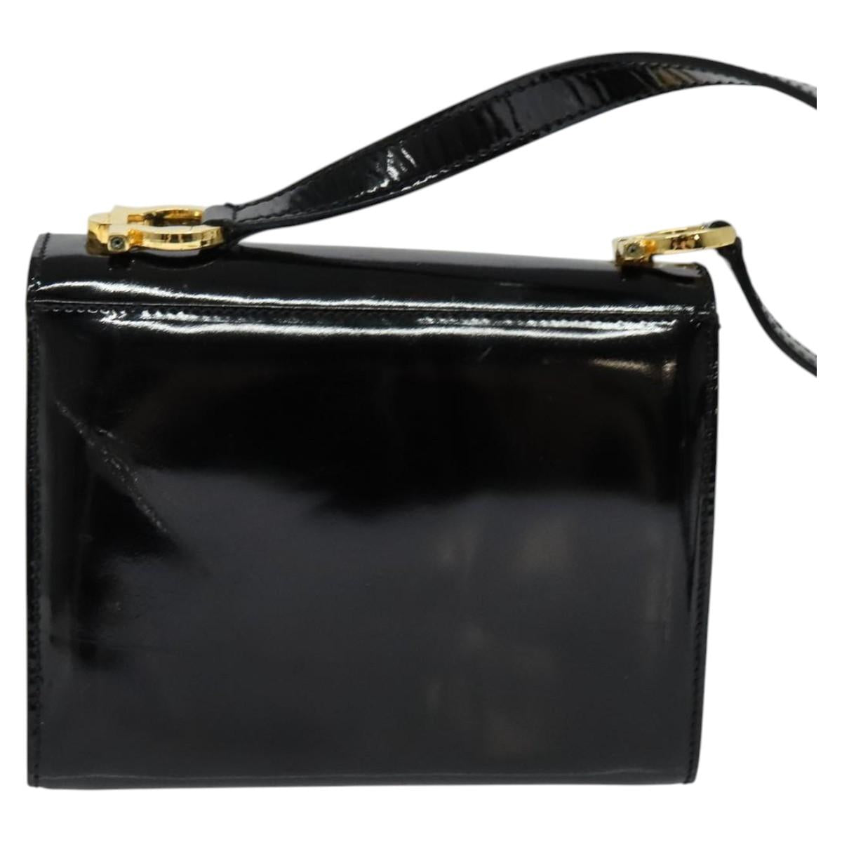 Salvatore Ferragamo Gancini Shoulder Bag Enamel Black Gold Auth 123760