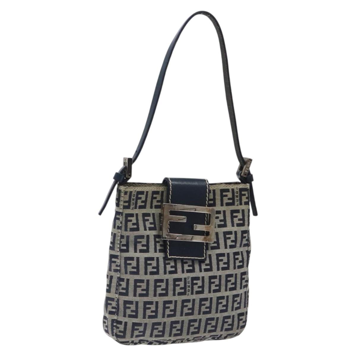 FENDI Zucchino Canvas Mamma Baguette Shoulder Bag Navy Silver Auth 123778
