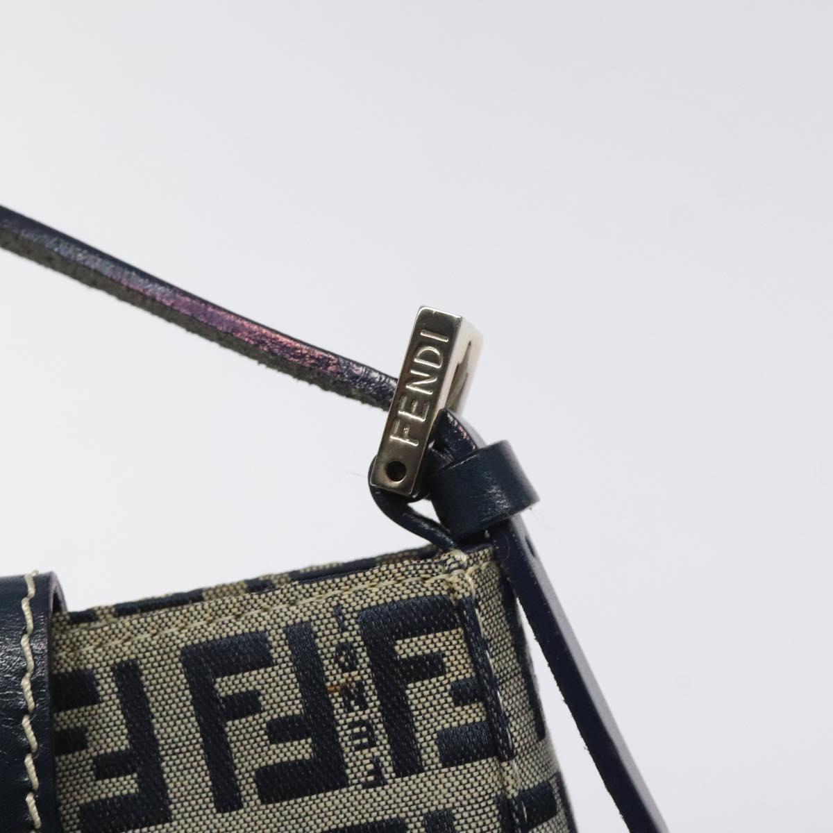 FENDI Zucchino Canvas Mamma Baguette Shoulder Bag Navy Silver Auth 123778