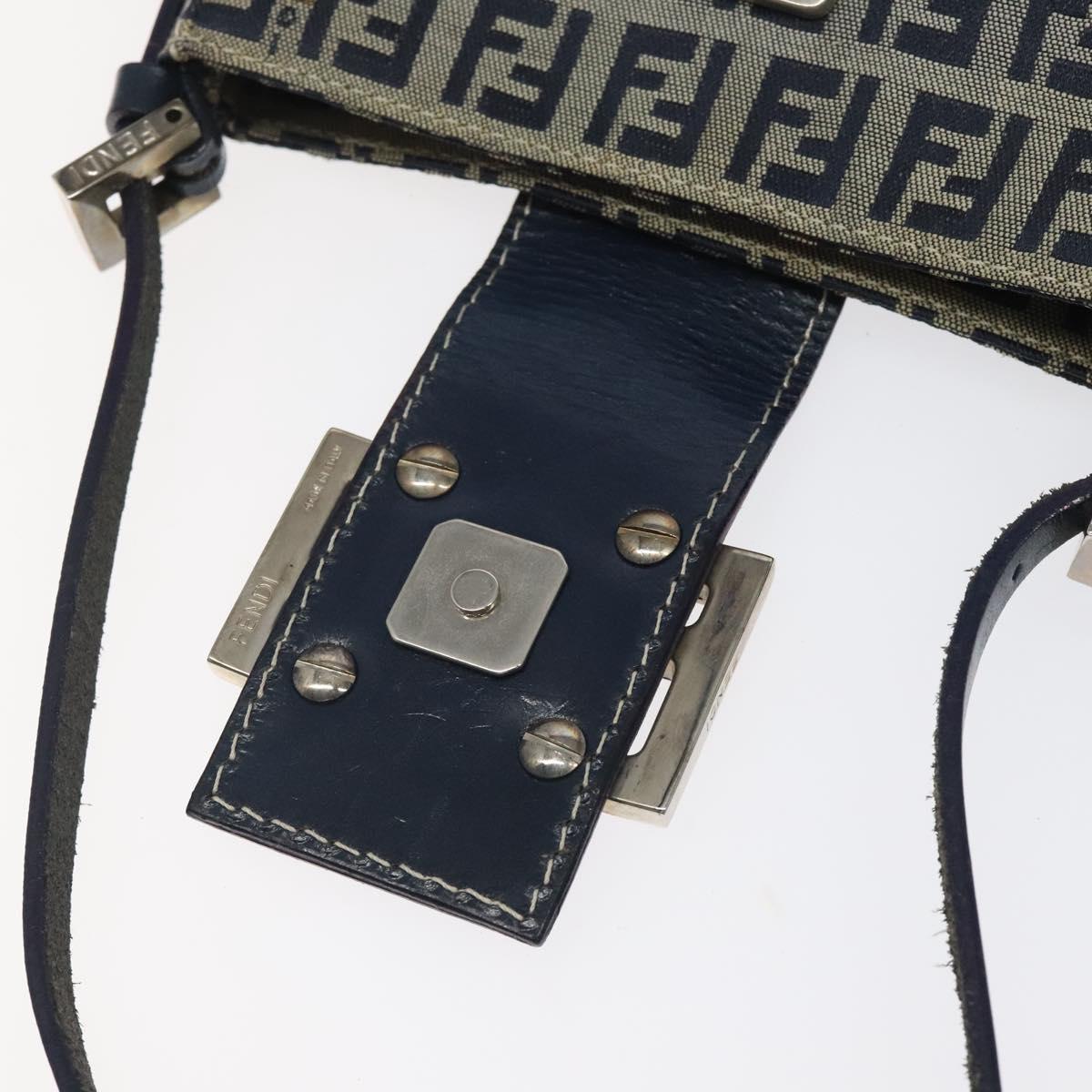 FENDI Zucchino Canvas Mamma Baguette Shoulder Bag Navy Silver Auth 123778
