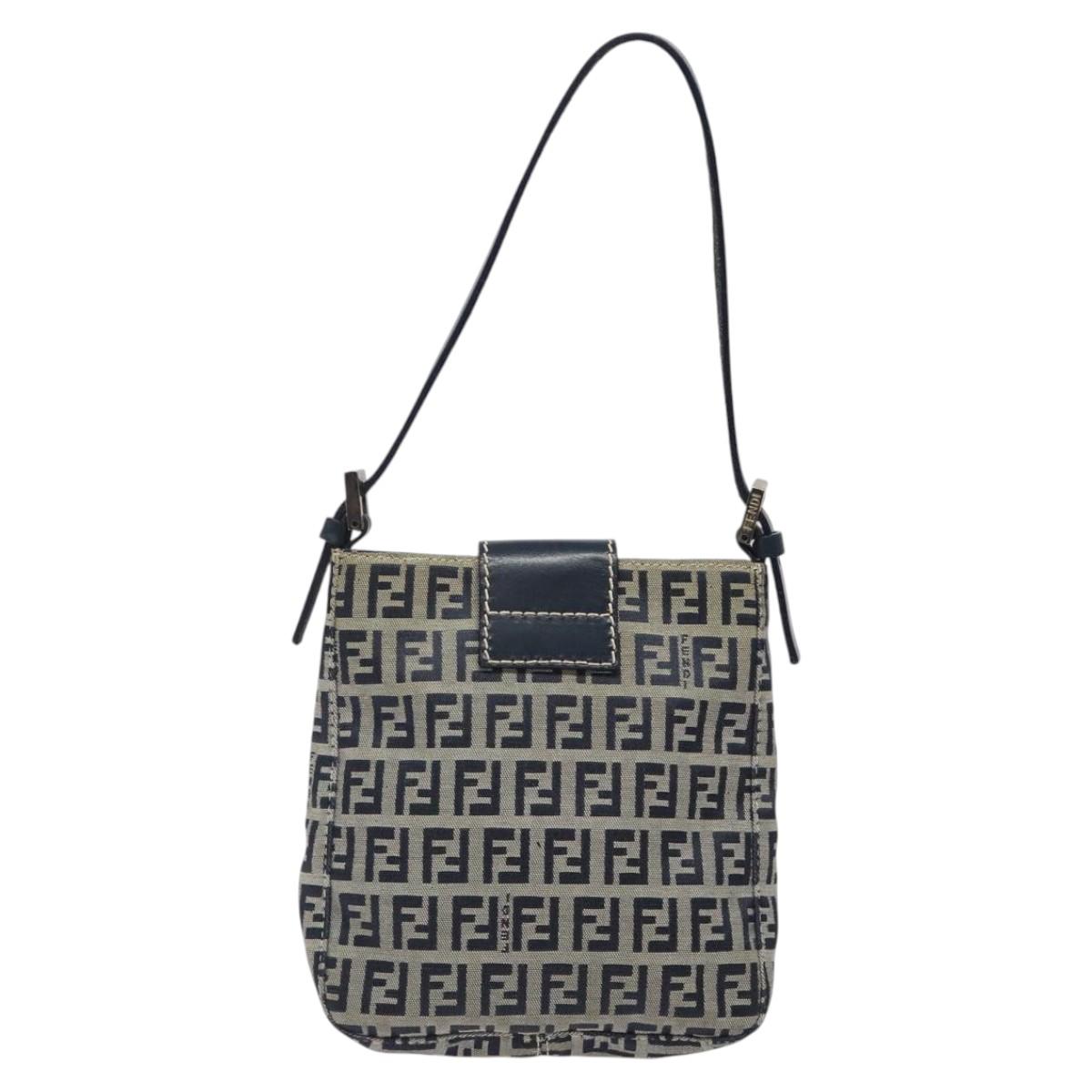 FENDI Zucchino Canvas Mamma Baguette Shoulder Bag Navy Silver Auth 123778
