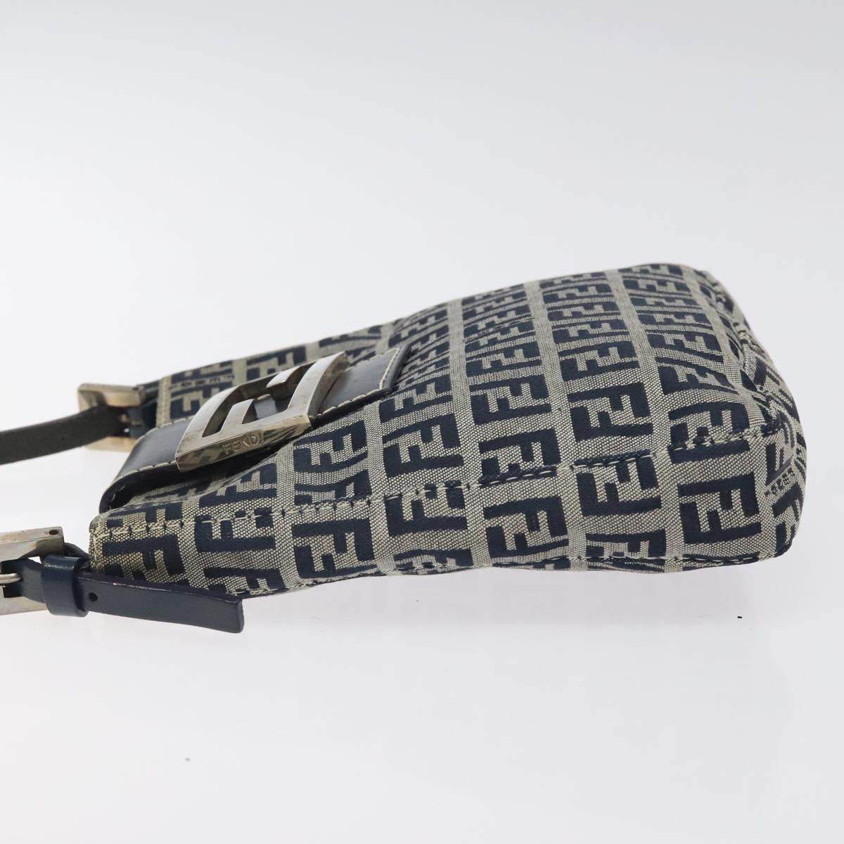 FENDI Zucchino Canvas Mamma Baguette Shoulder Bag Navy Silver Auth 123778