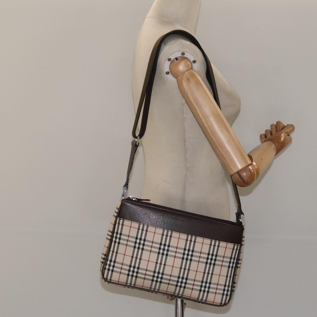 BURBERRY Nova Check Shoulder Bag Canvas Beige Silver Auth 123791