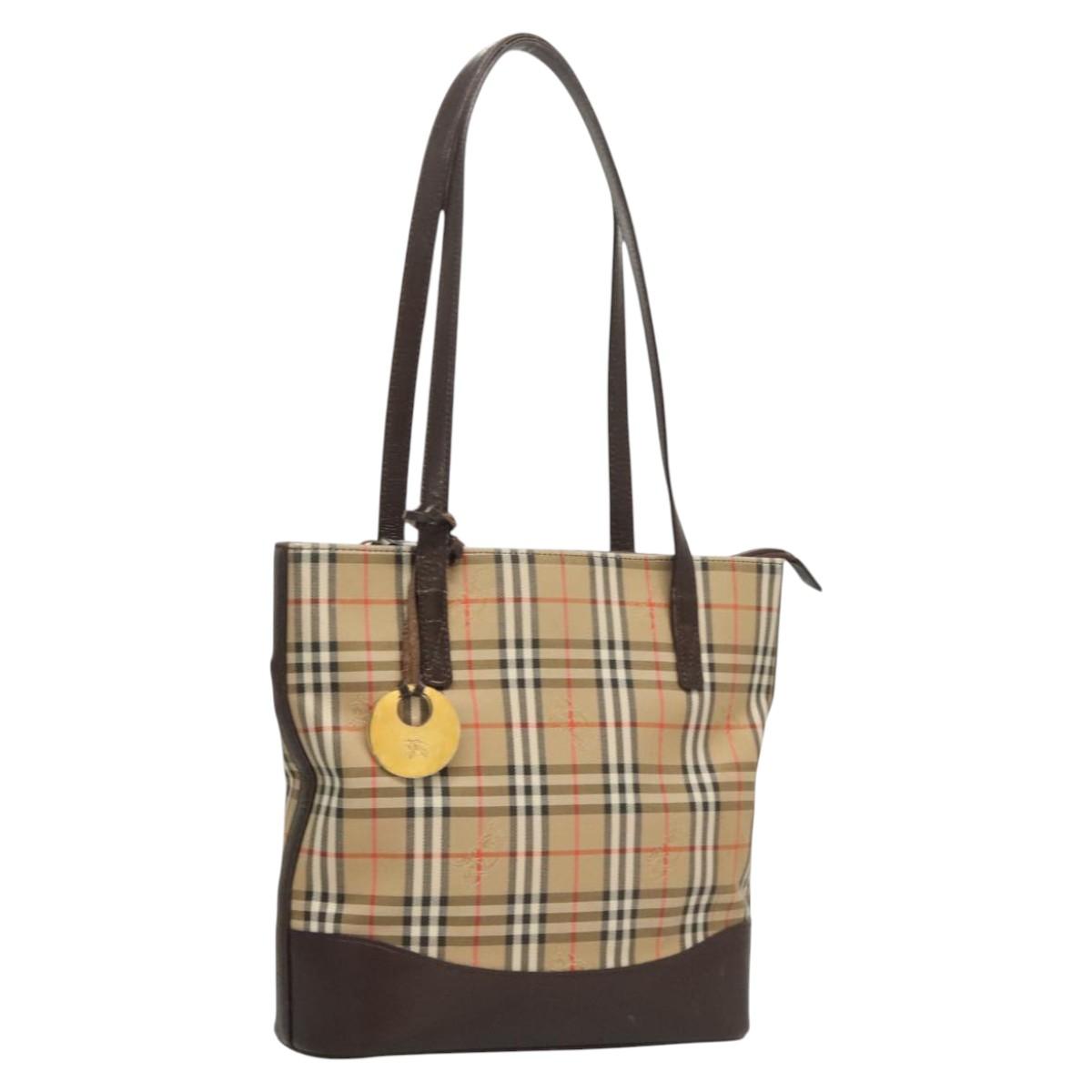 BURBERRY Nova Check Shoulder Bag Canvas Beige Gold Auth 123802