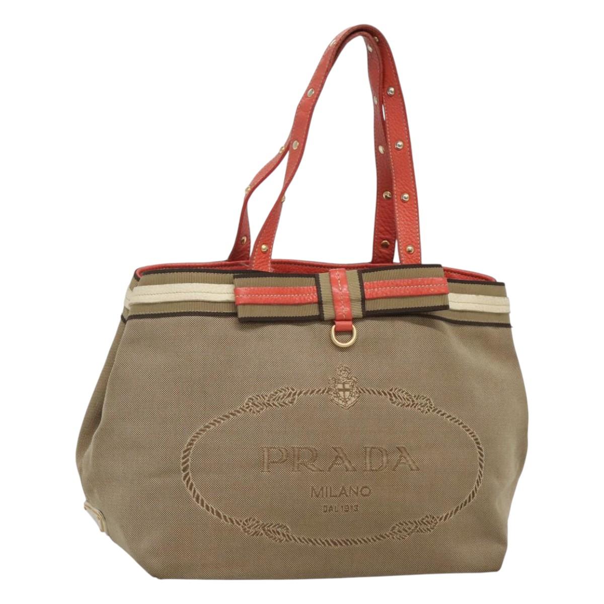 PRADA Hand Bag Canvas Beige Gold Auth 123858