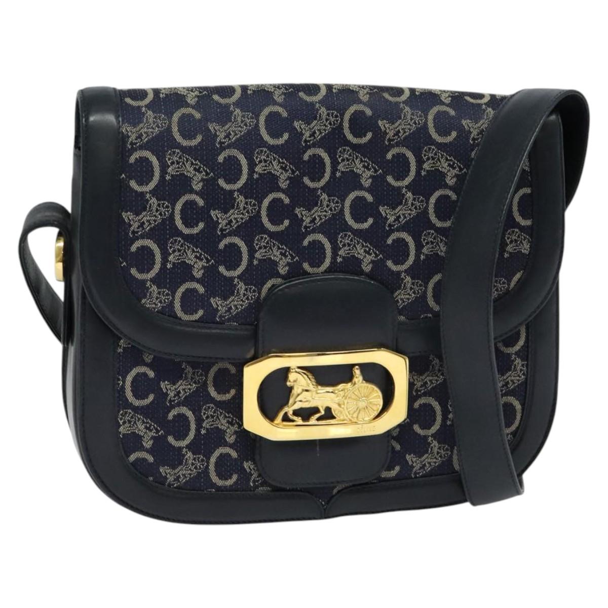 CELINE C Sulky Shoulder Bag Canvas Navy Gold Auth 123864