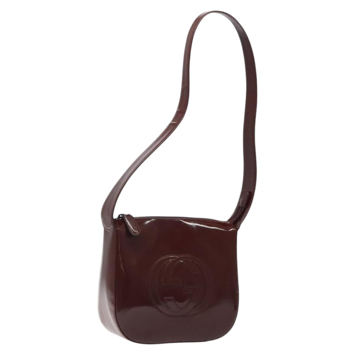 GUCCI Shoulder Bag Patent leather Brown Silver Auth 123895