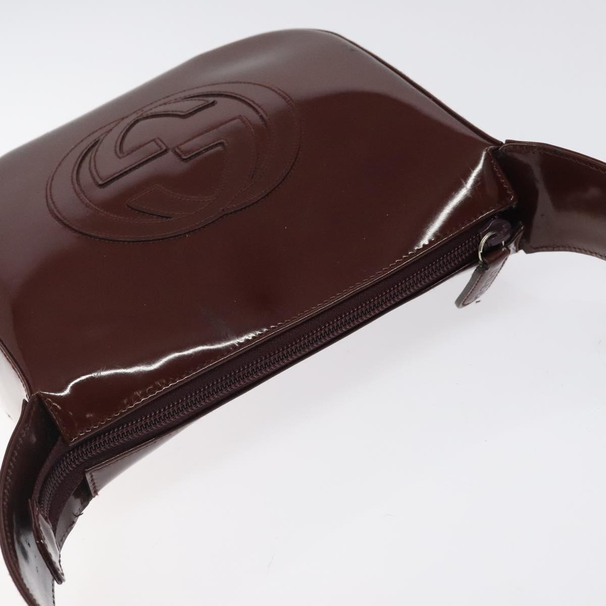 GUCCI Shoulder Bag Patent leather Brown Silver Auth 123895