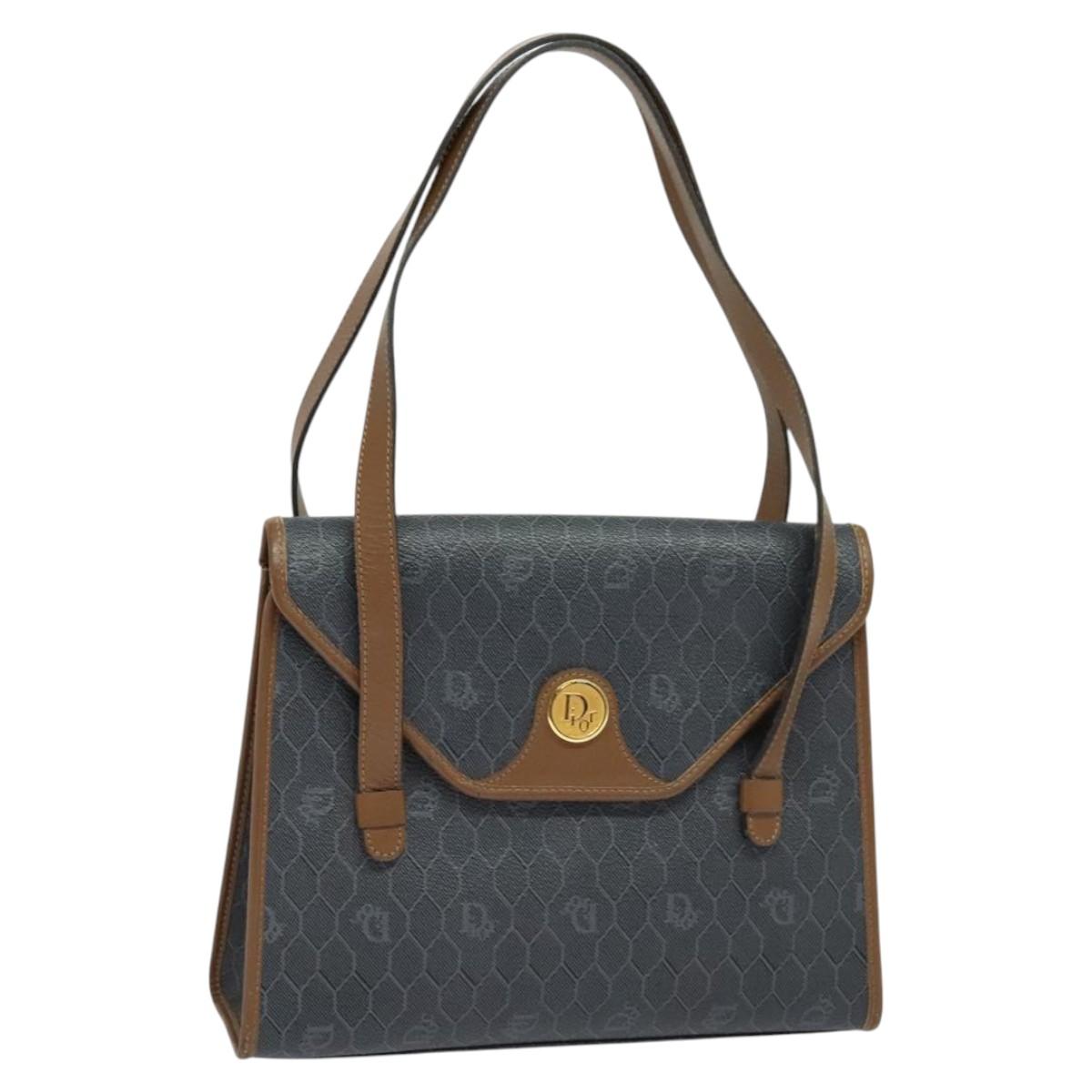 Christian Dior Honeycomb Canvas Hand Bag PVC Leather Gray Gold Auth 123911