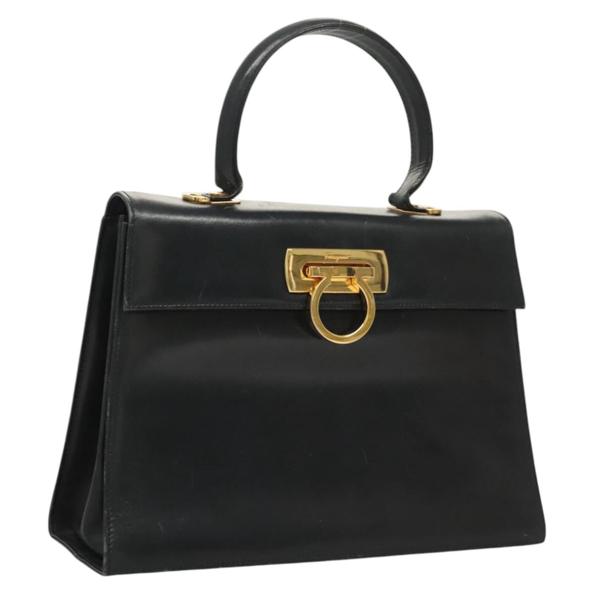 Salvatore Ferragamo Gancini Hand Bag Leather Navy Gold Auth 123913