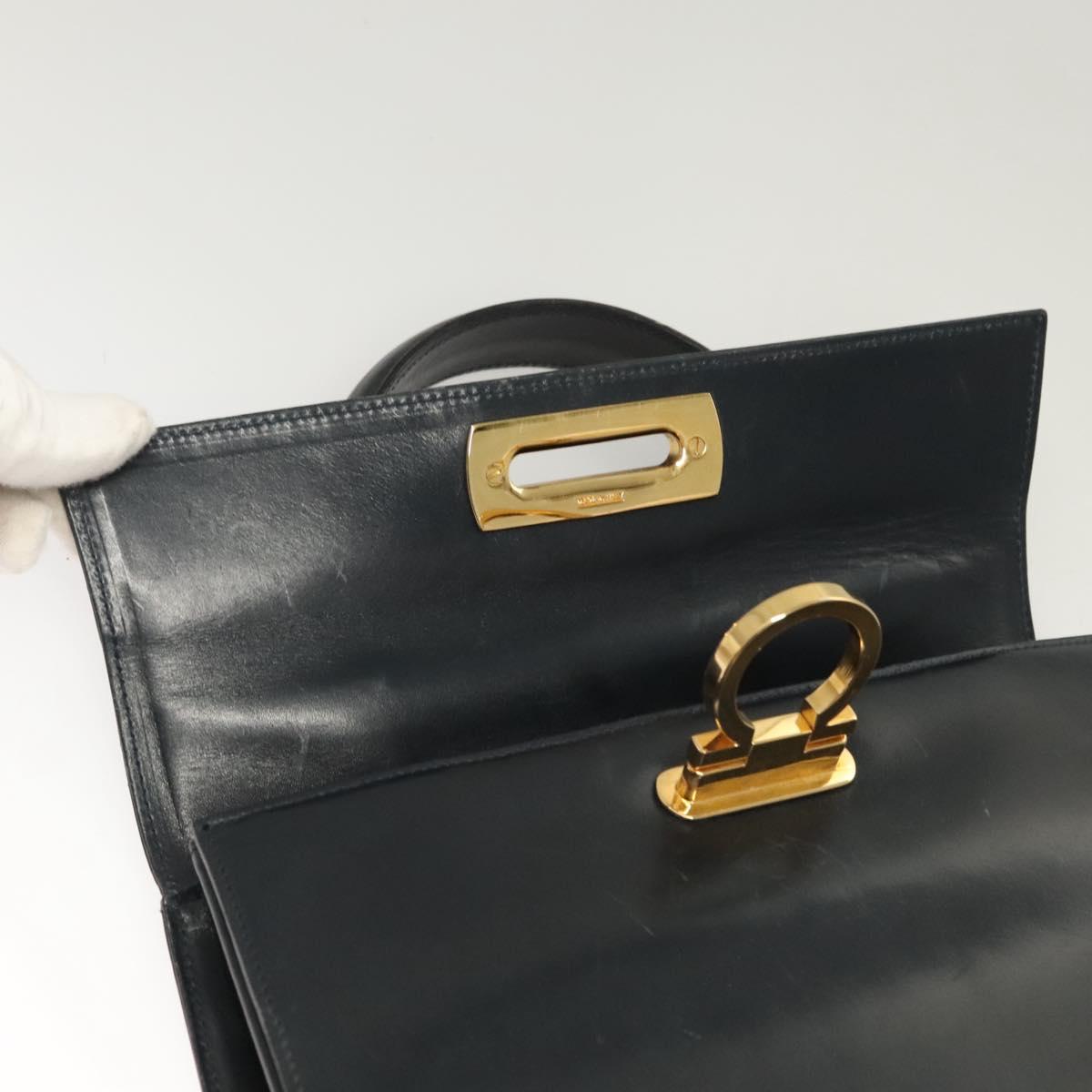 Salvatore Ferragamo Gancini Hand Bag Leather Navy Gold Auth 123913