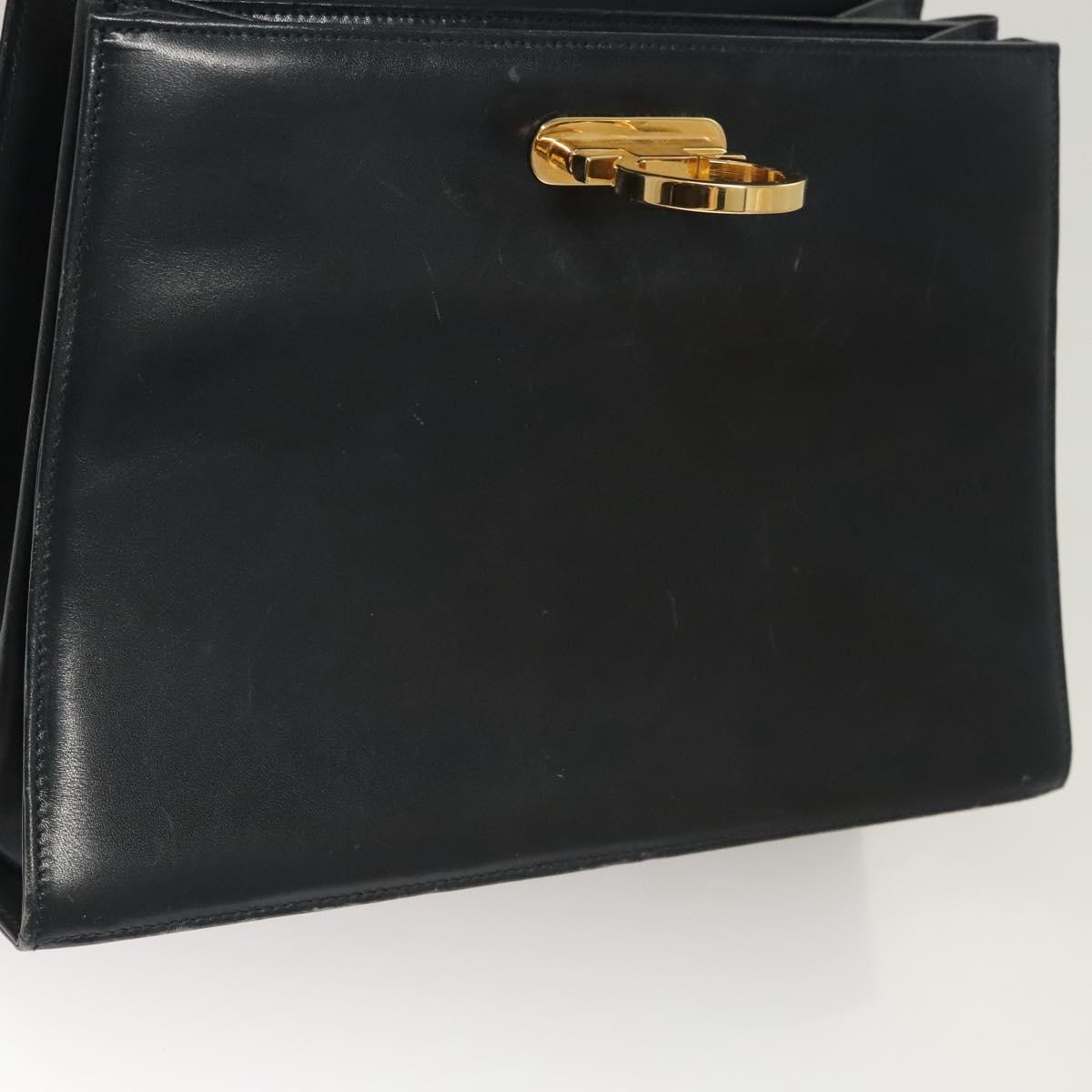 Salvatore Ferragamo Gancini Hand Bag Leather Navy Gold Auth 123913