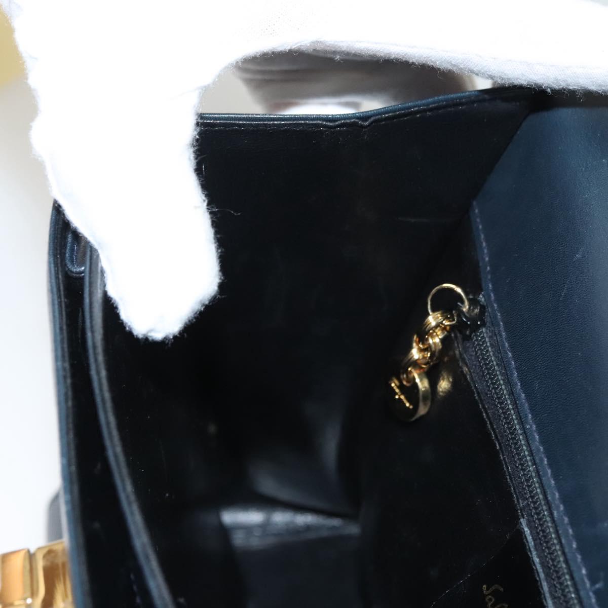 Salvatore Ferragamo Gancini Hand Bag Leather Navy Gold Auth 123913