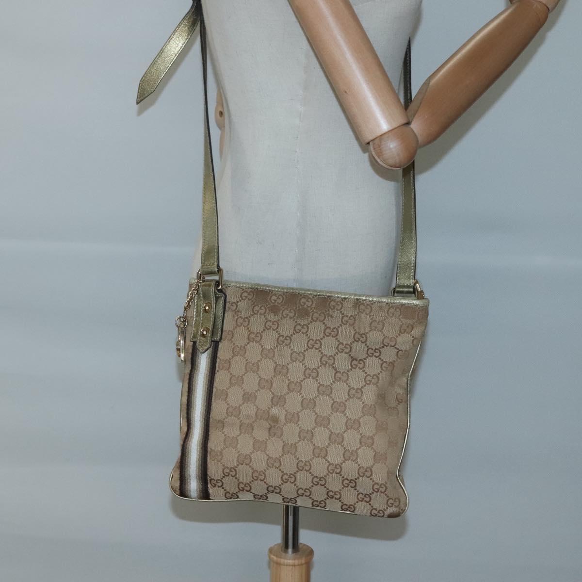 GUCCI GG Canvas Sherry Line Shoulder Bag Beige Black 144388 Auth 123961