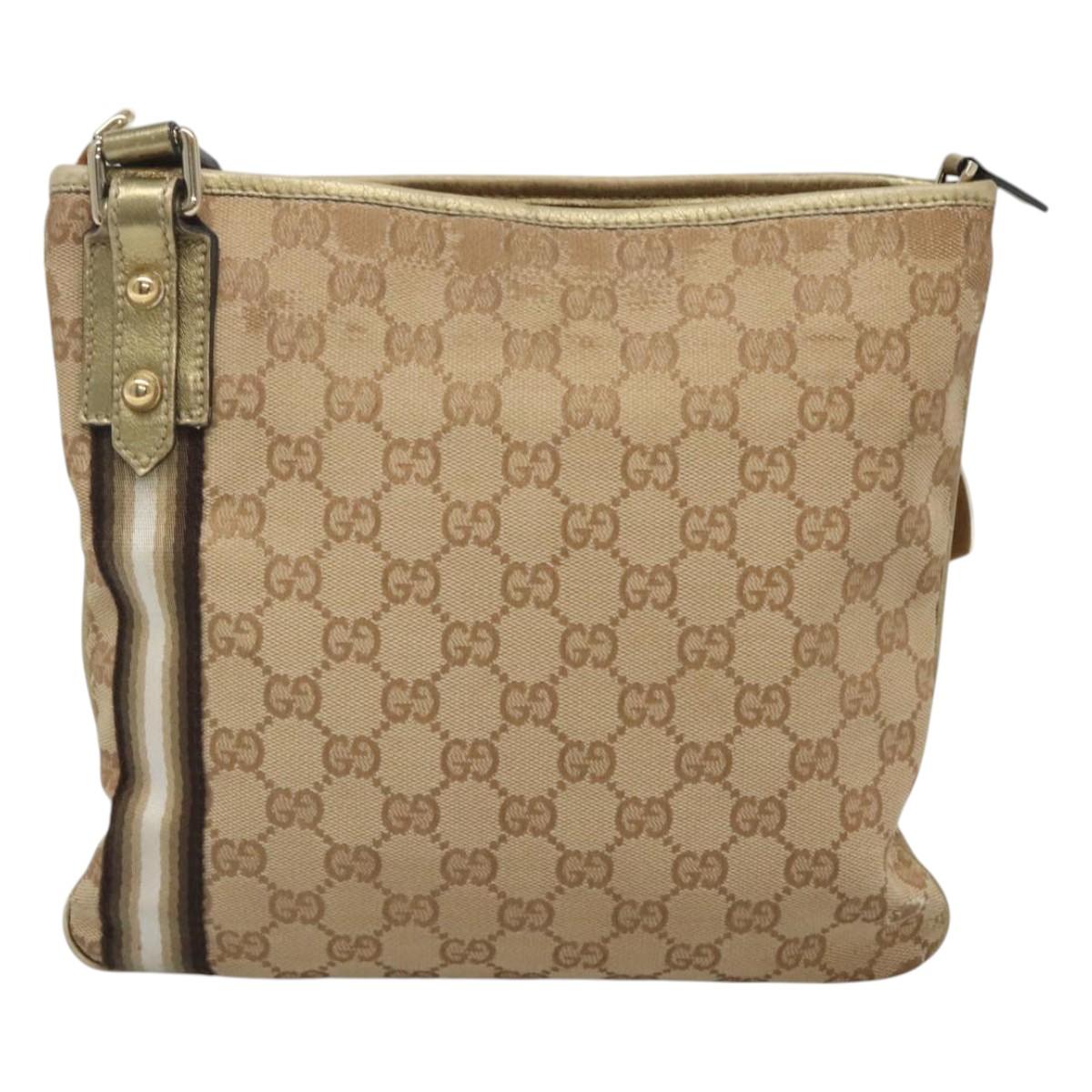 GUCCI GG Canvas Sherry Line Shoulder Bag Beige Black 144388 Auth 123961