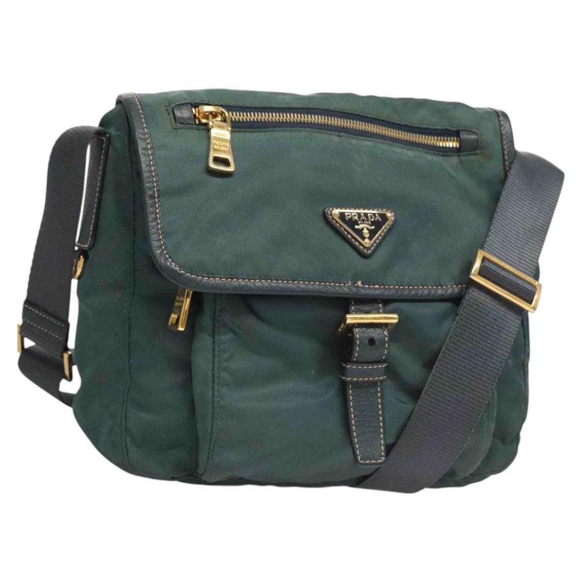 PRADA Shoulder Bag Nylon Green Gold Auth 123982