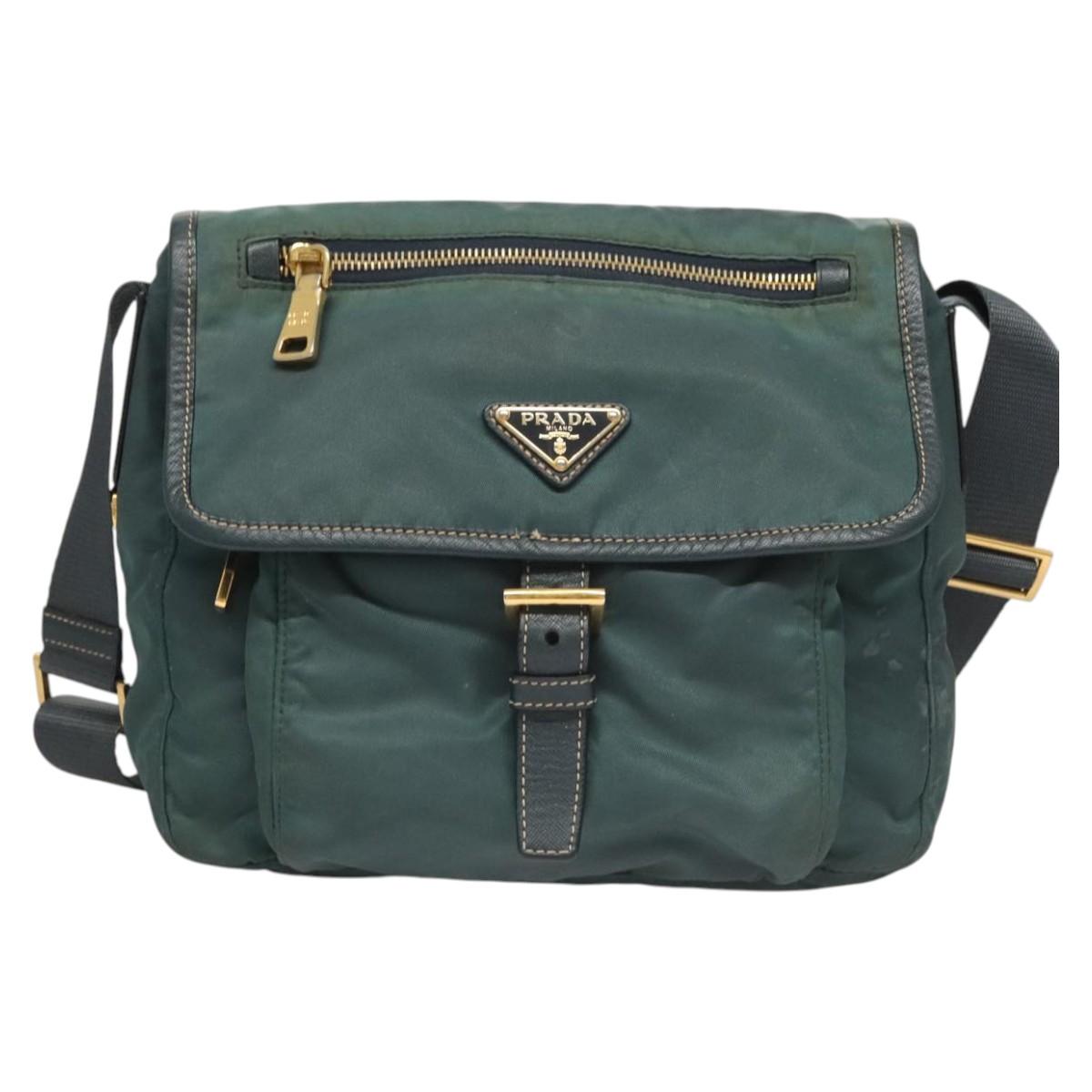 PRADA Shoulder Bag Nylon Green Gold Auth 123982