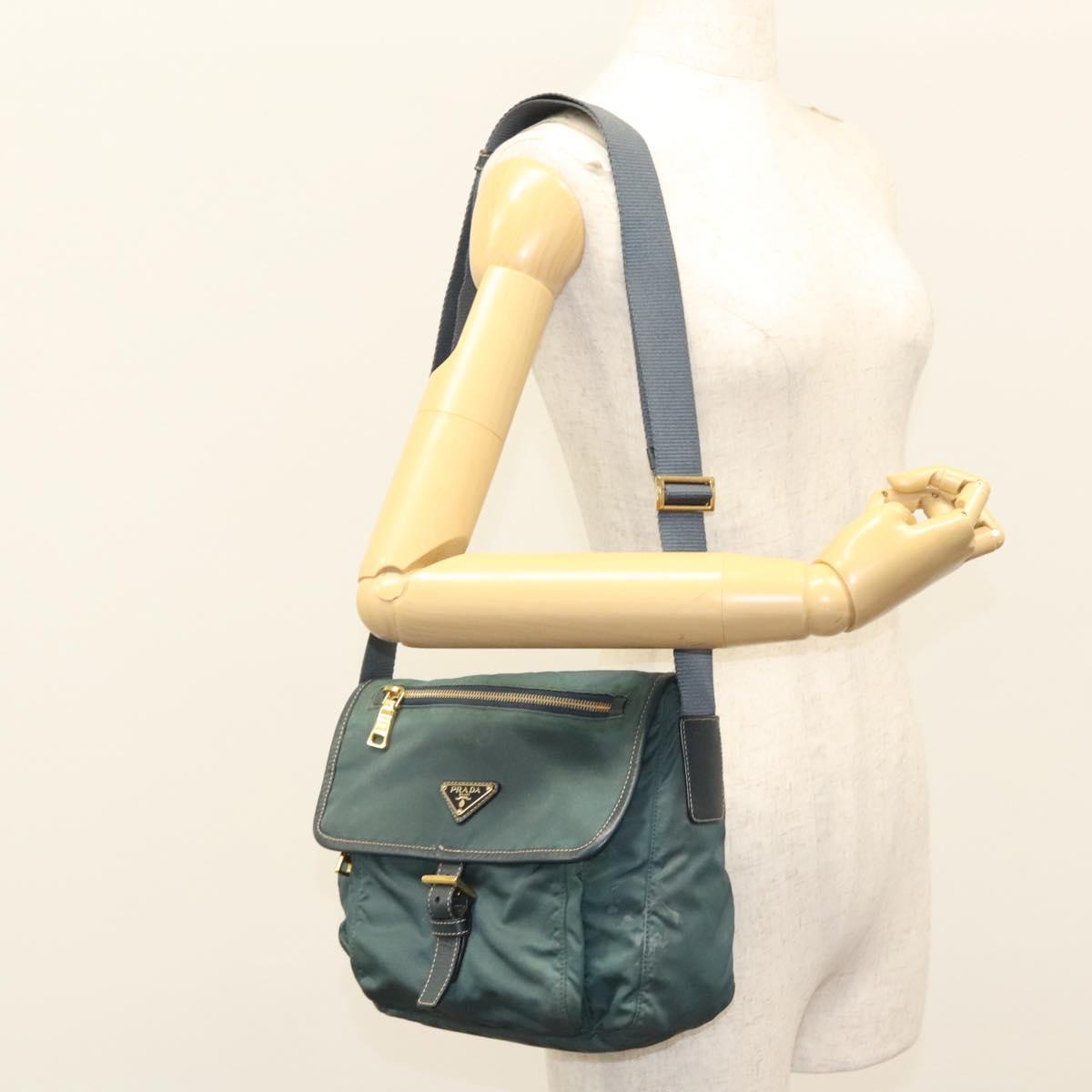 PRADA Shoulder Bag Nylon Green Gold Auth 123982