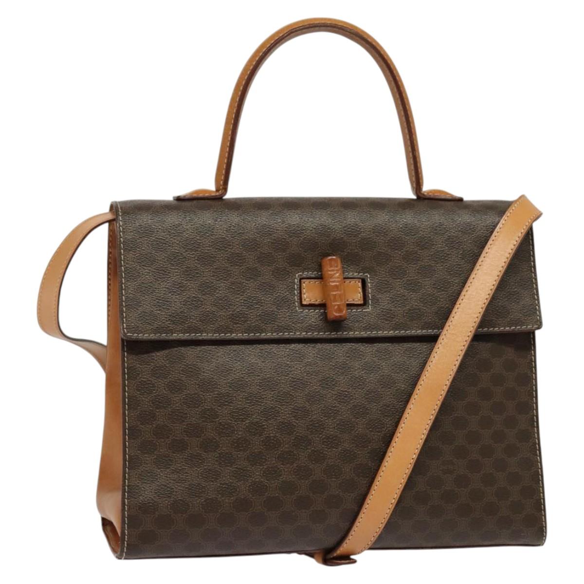 CELINE Macadam Canvas Hand Bag PVC Leather 2way Brown Gold Auth 124072