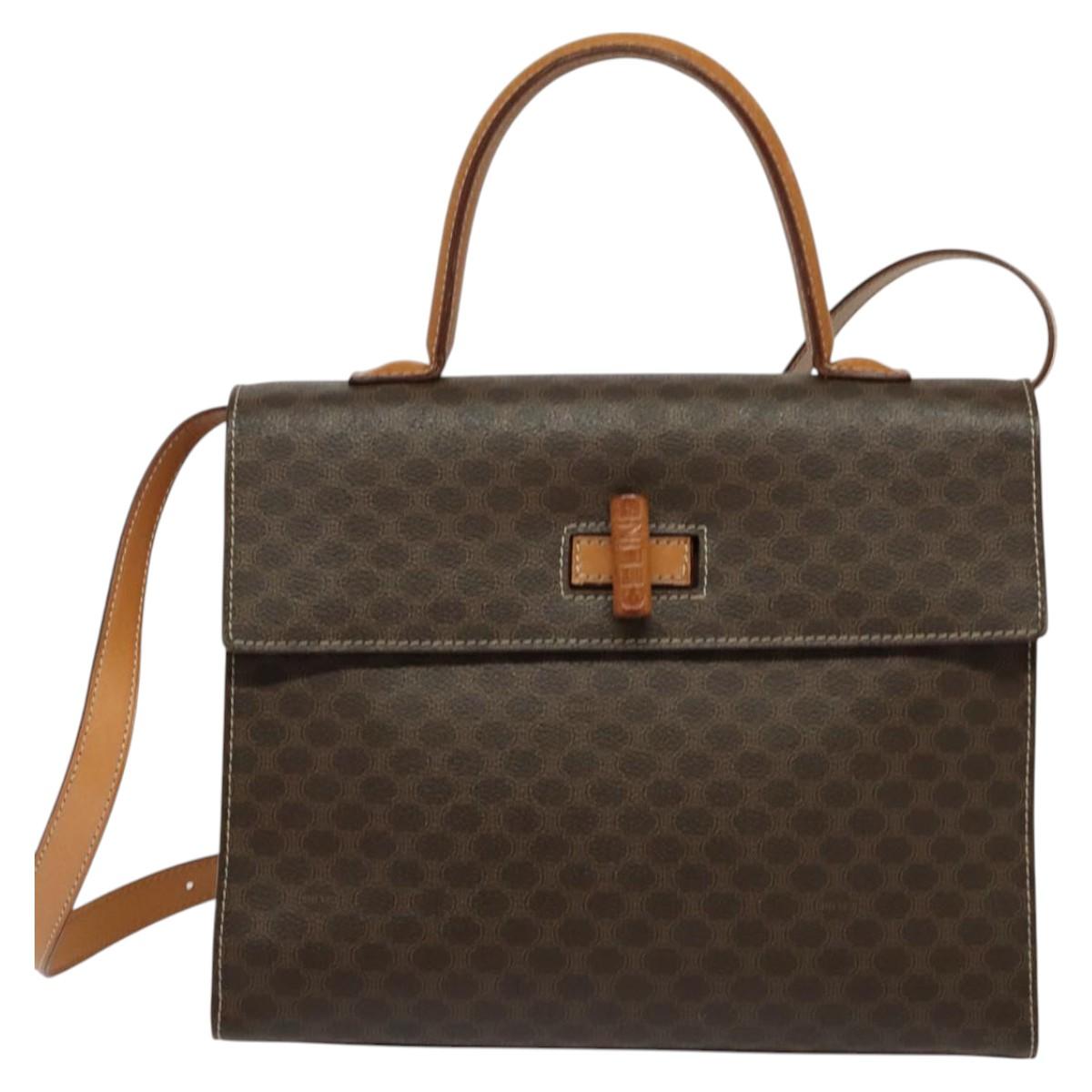 CELINE Macadam Canvas Hand Bag PVC Leather 2way Brown Gold Auth 124072