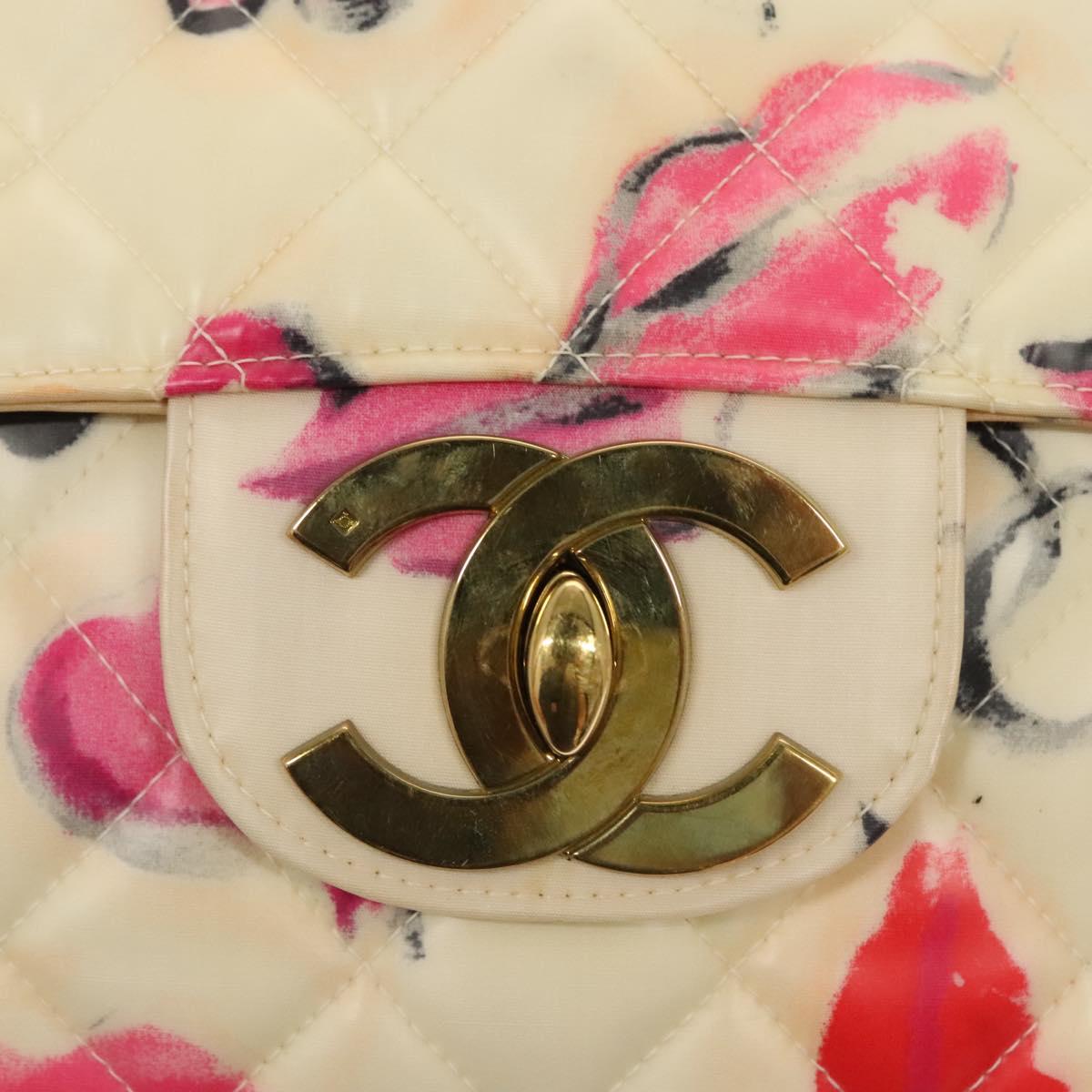 CHANEL Matelasse Chain Shoulder Bag Vinyl Coating White Gold CC Auth 124073AV