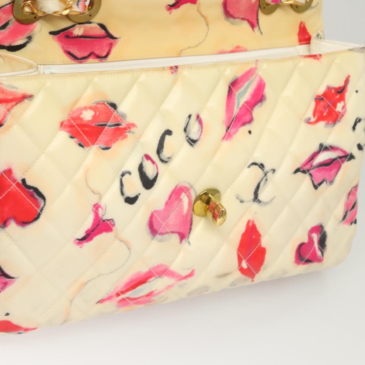 CHANEL Matelasse Chain Shoulder Bag Vinyl Coating White Gold CC Auth 124073AV