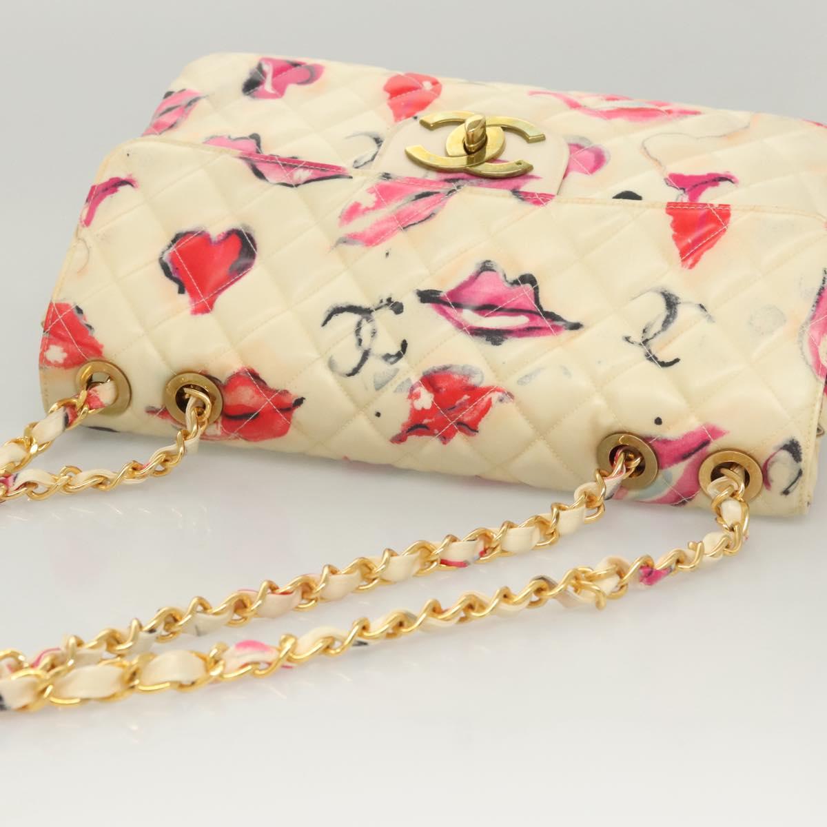 CHANEL Matelasse Chain Shoulder Bag Vinyl Coating White Gold CC Auth 124073AV