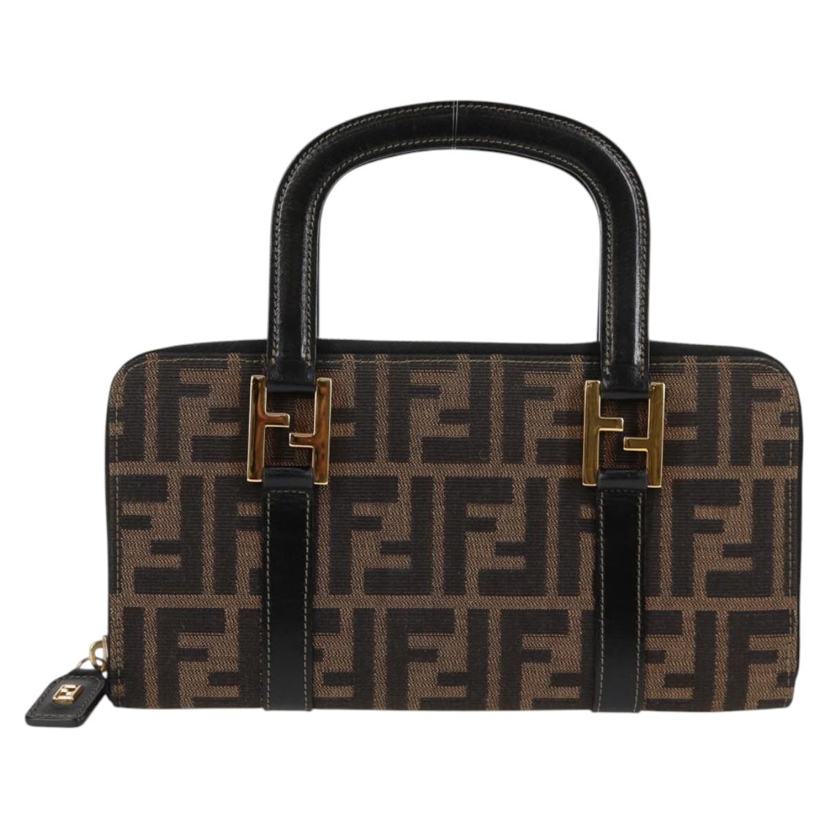 FENDI Zucca Canvas Hand Wallet Black Brown gold Auth 124173V