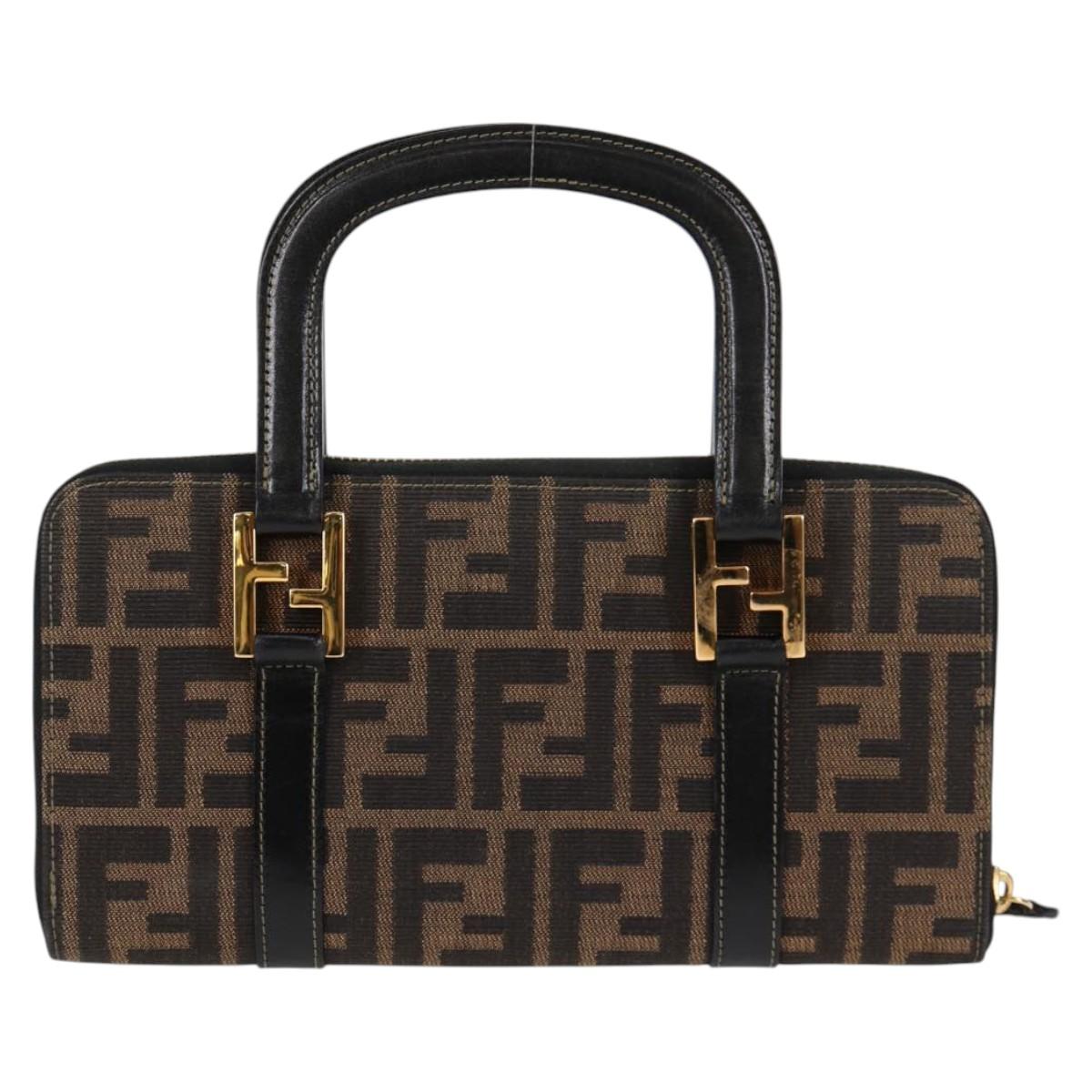 FENDI Zucca Canvas Hand Wallet Black Brown gold Auth 124173V