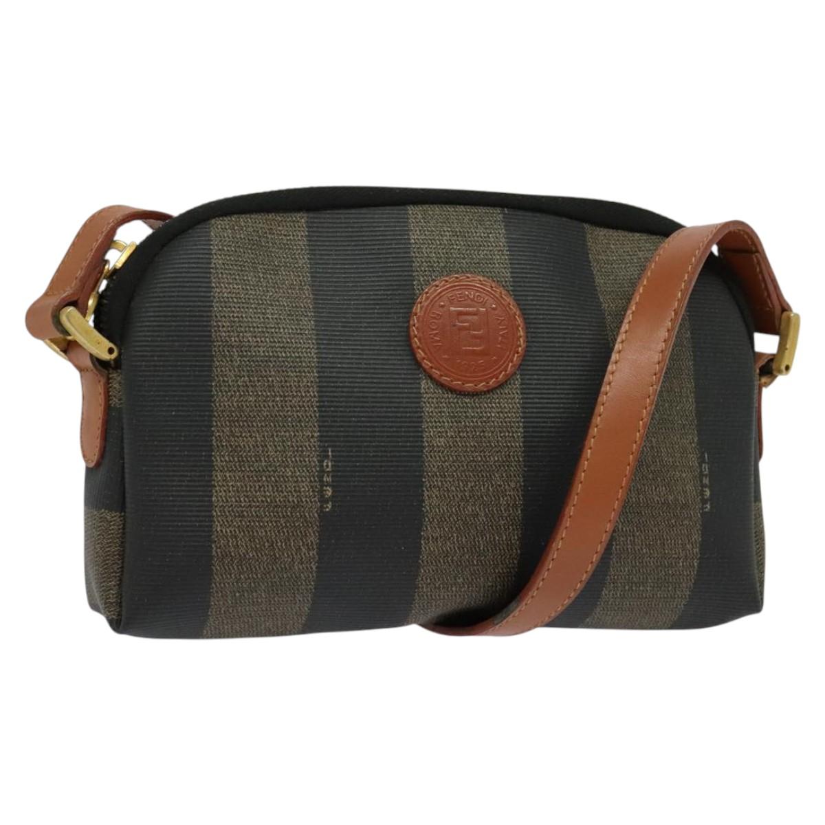 FENDI Pecan Canvas Shoulder Bag PVC Brown Black gold Auth 124174