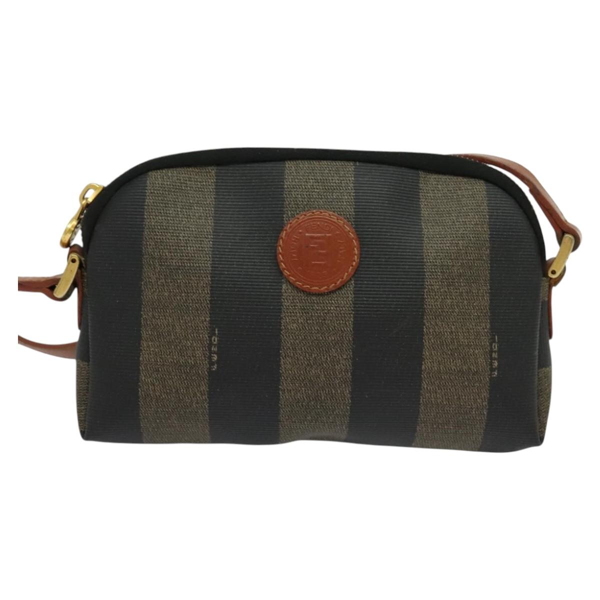 FENDI Pecan Canvas Shoulder Bag PVC Brown Black gold Auth 124174