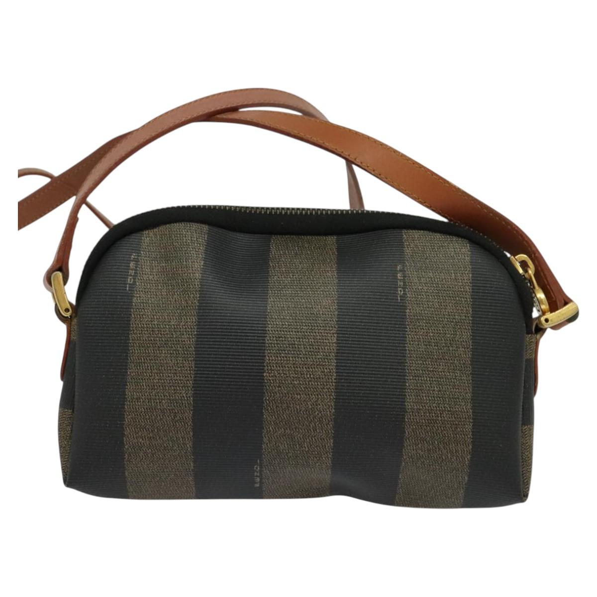 FENDI Pecan Canvas Shoulder Bag PVC Brown Black gold Auth 124174