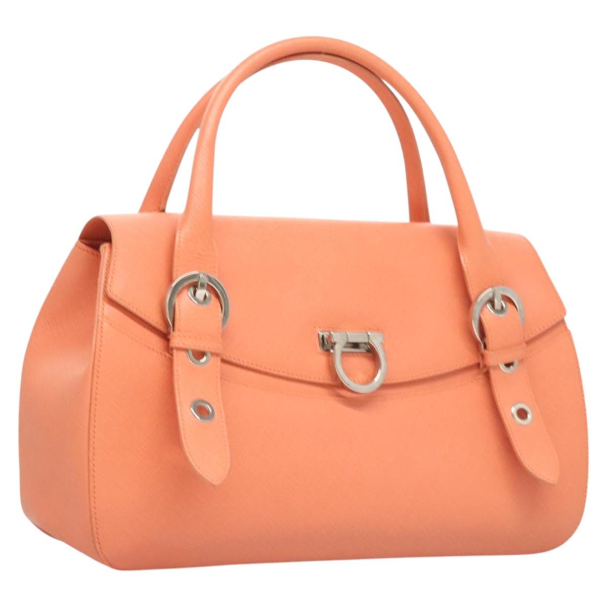 Salvatore Ferragamo Gancini Hand Bag Leather Silver Salmon Pink Auth 124200
