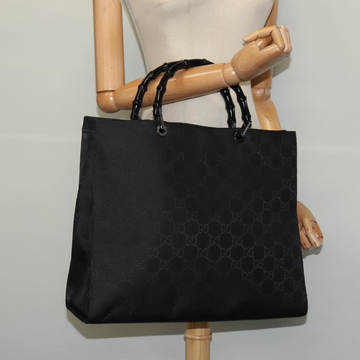 GUCCI Bamboo GG Canvas Hand Bag Nylon Black Silver Auth 124205