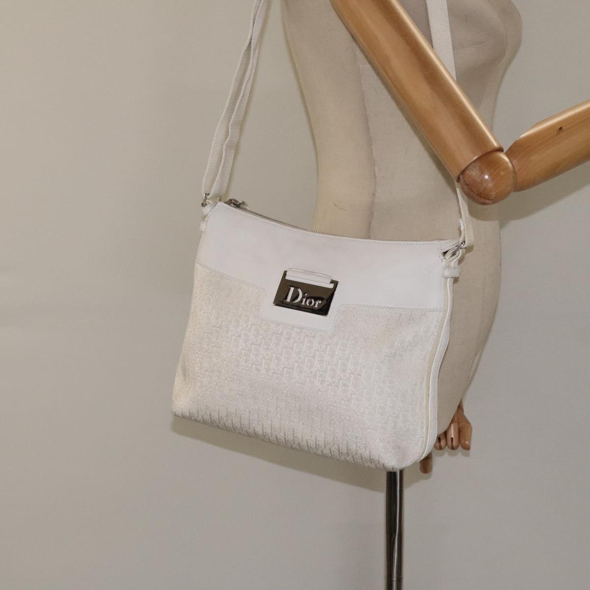Christian Dior Trotter Canvas Shoulder Bag White Silver Auth 124231