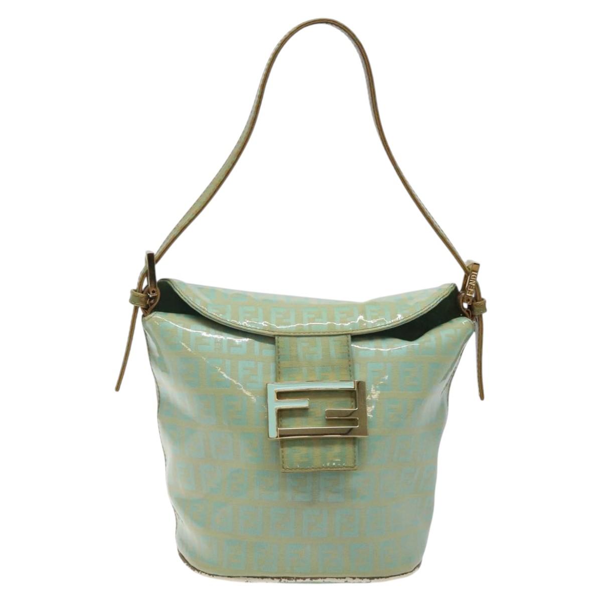 FENDI Zucchino Canvas Hand Bag Enamel Gold Light green Auth 124243