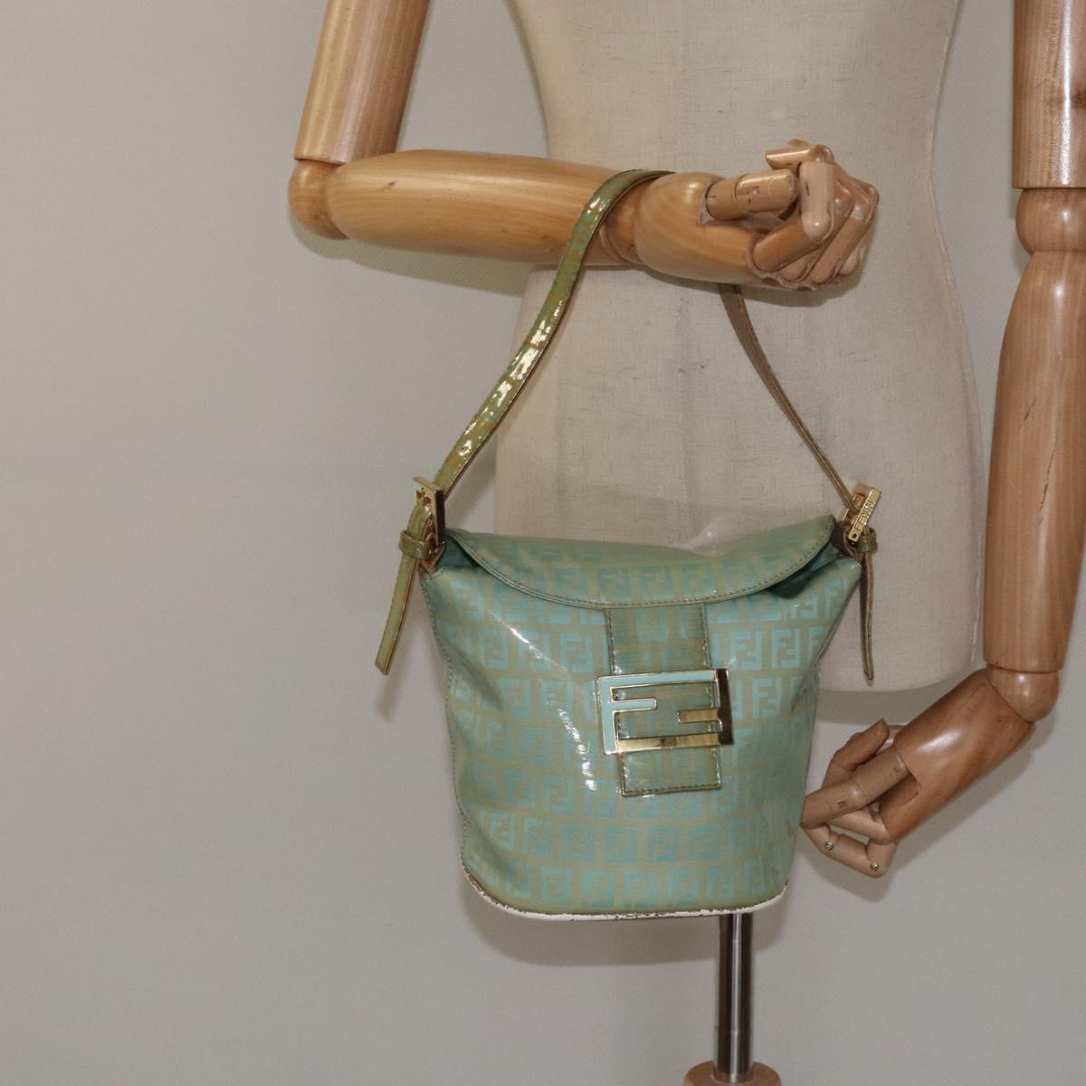 FENDI Zucchino Canvas Hand Bag Enamel Gold Light green Auth 124243