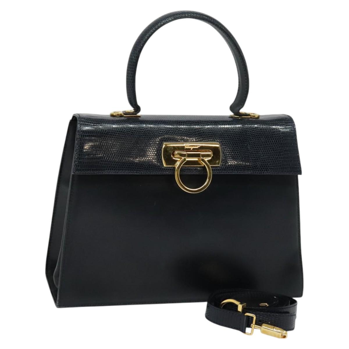 Salvatore Ferragamo Gancini Hand Bag Embossing 2way Navy Gold Auth 124251