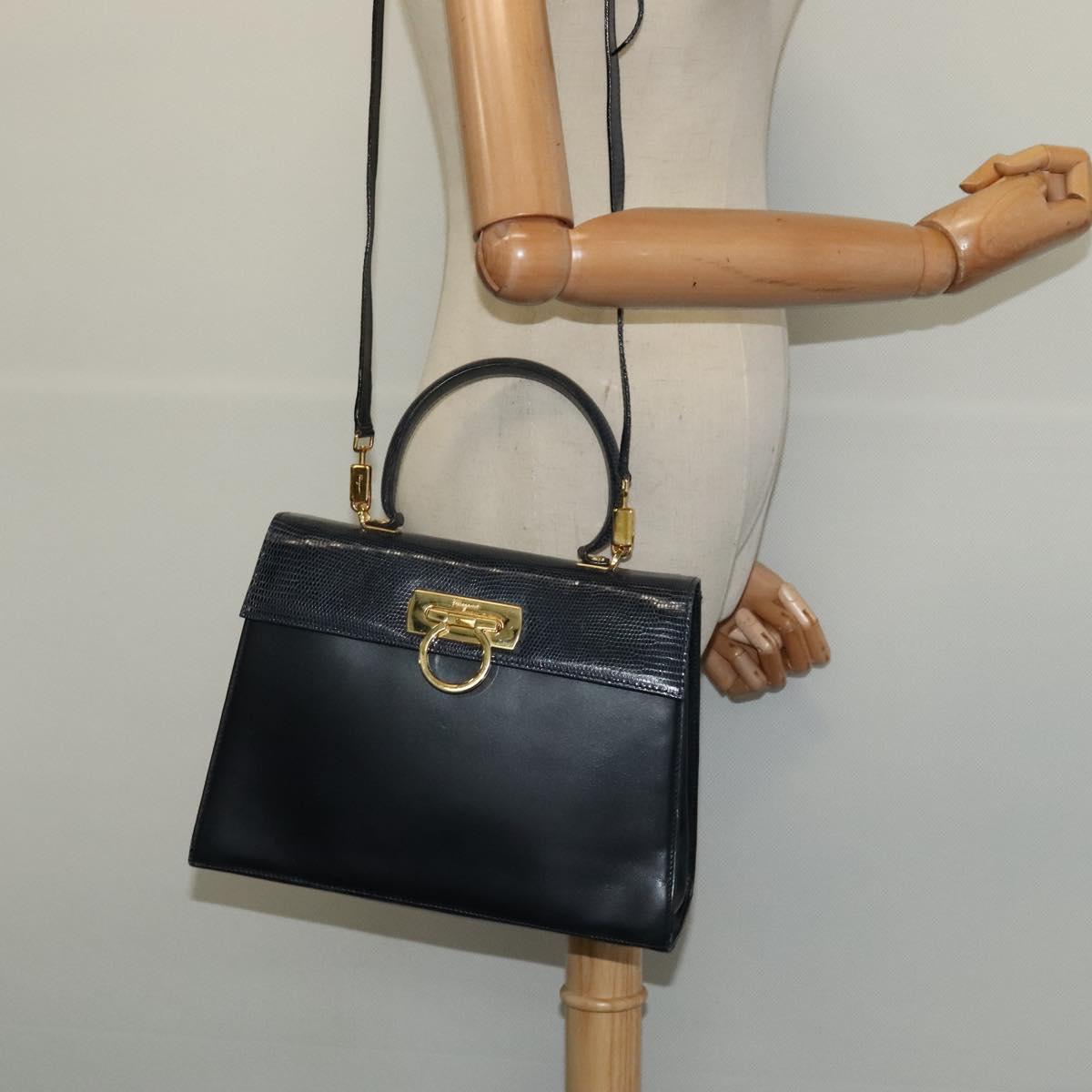 Salvatore Ferragamo Gancini Hand Bag Embossing 2way Navy Gold Auth 124251