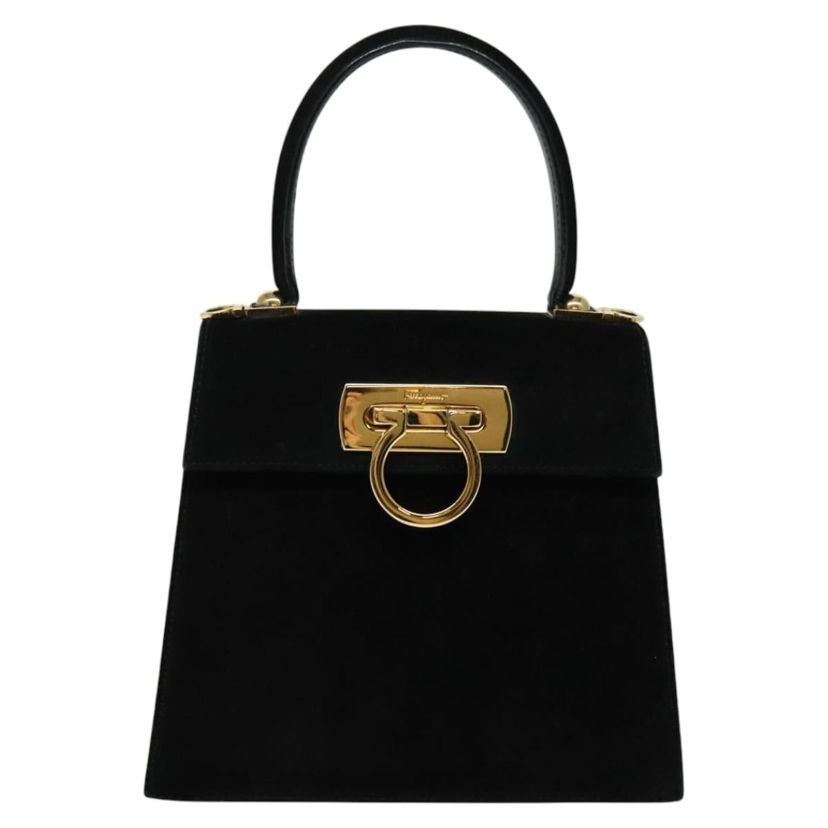 Salvatore Ferragamo Gancini Hand Bag Suede 2way Black Gold Auth 124270