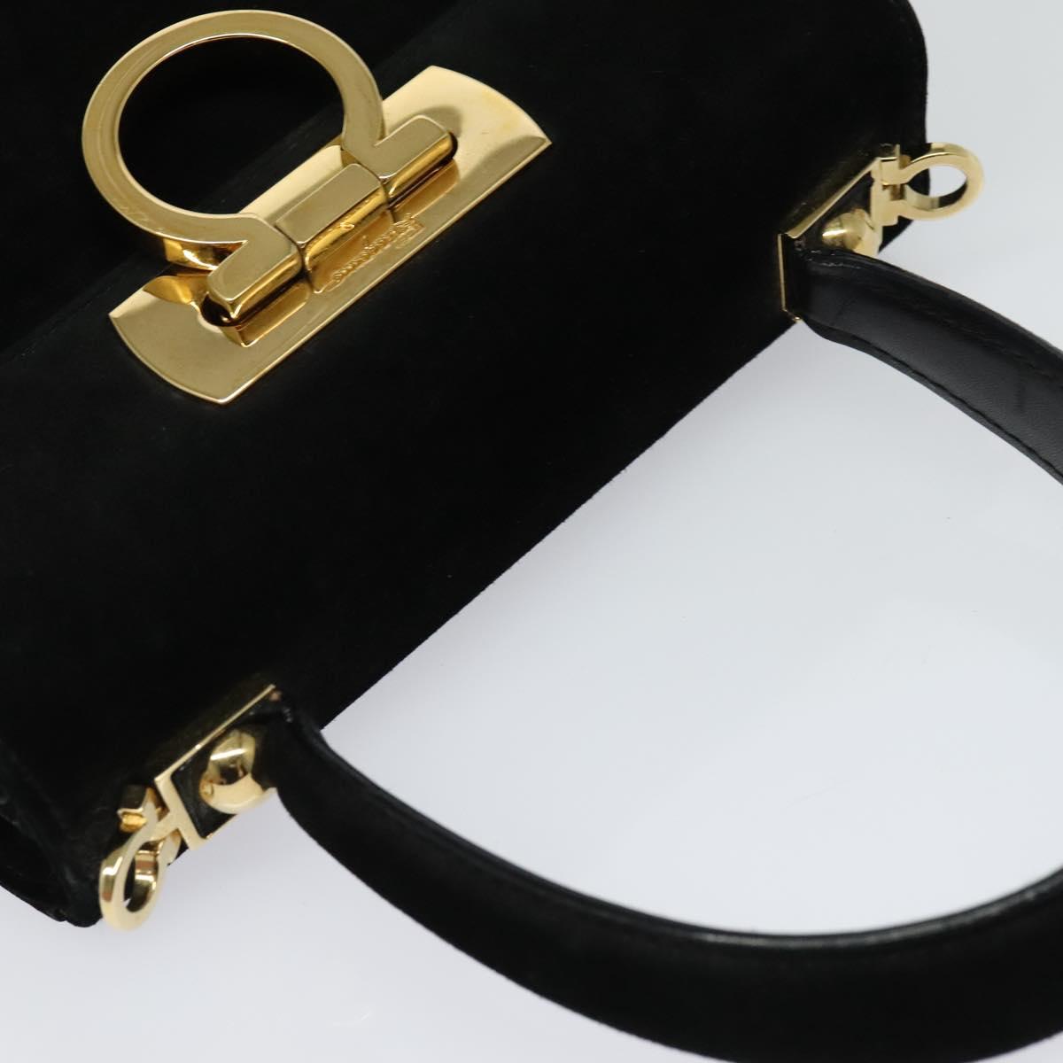 Salvatore Ferragamo Gancini Hand Bag Suede 2way Black Gold Auth 124270