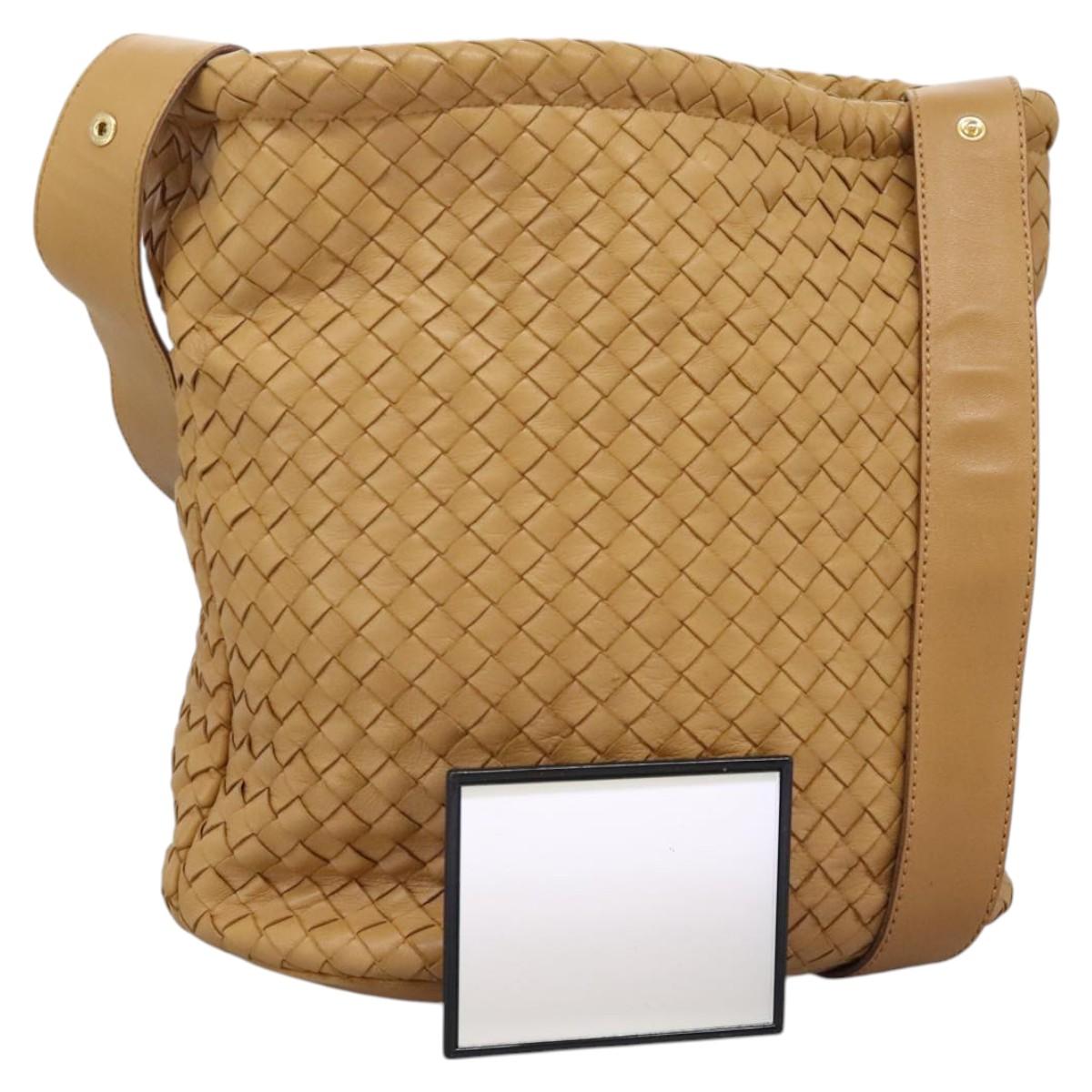 BOTTEGA VENETA INTRECCIATO Shoulder Bag Leather Beige Gold Auth 124293