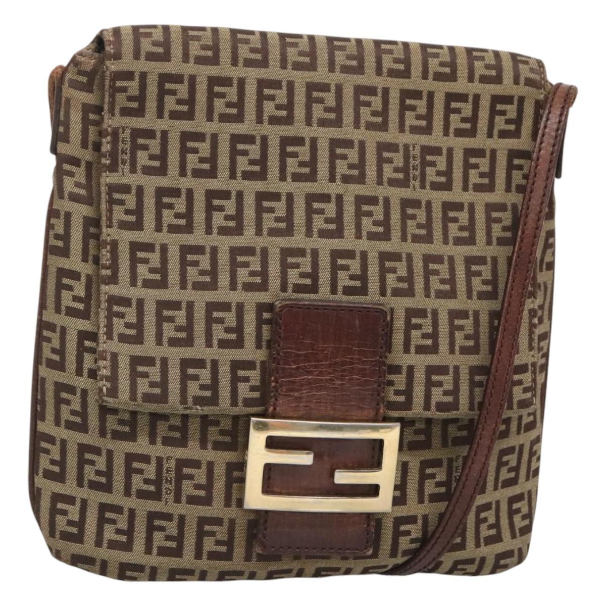 FENDI Zucchino Canvas Shoulder Bag Brown Gold Auth 124351