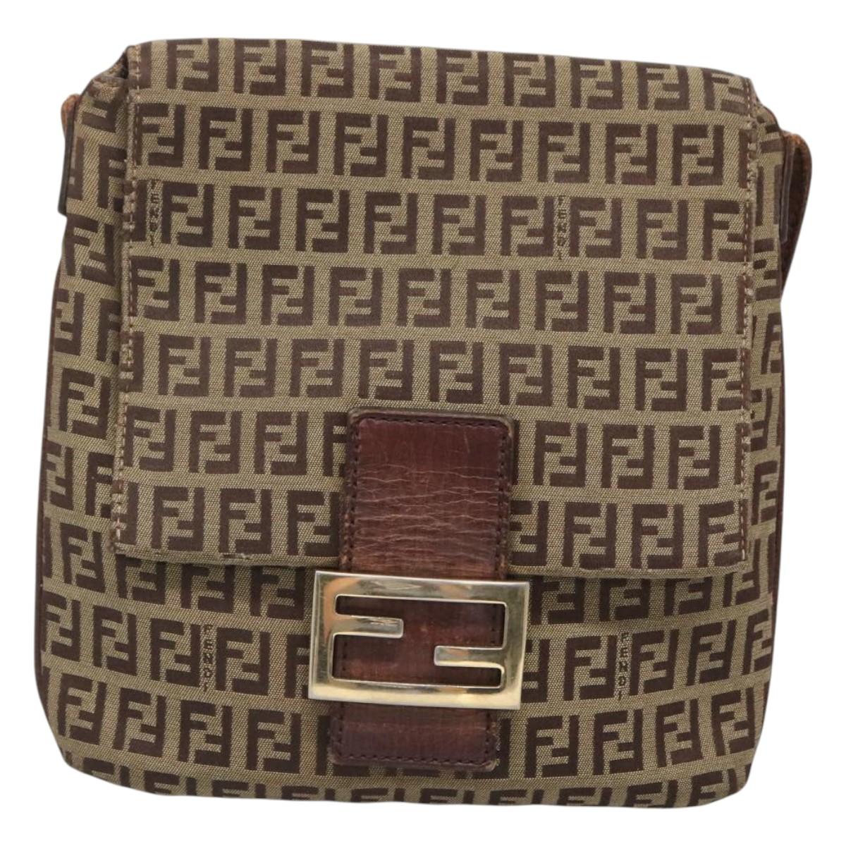 FENDI Zucchino Canvas Shoulder Bag Brown Gold Auth 124351