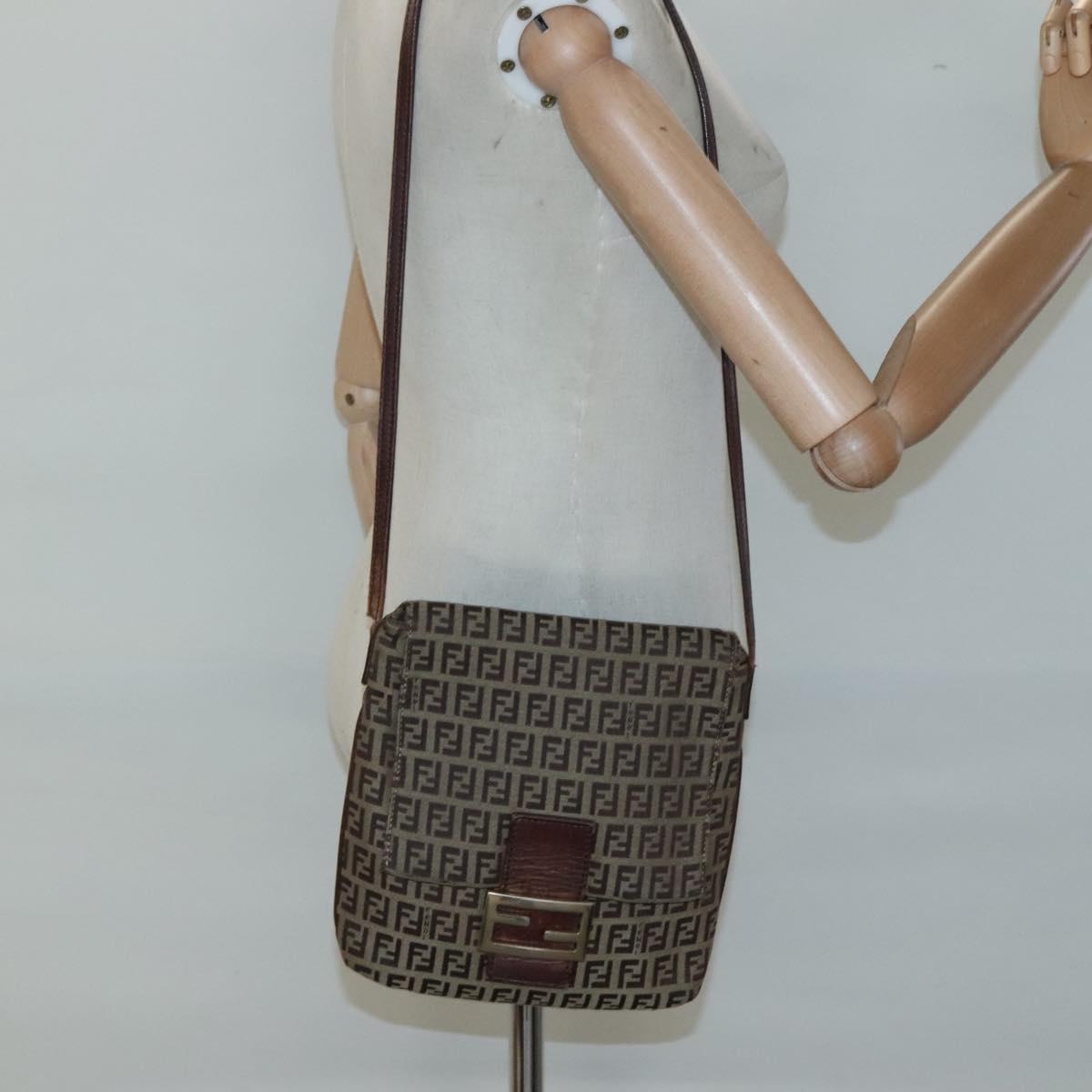 FENDI Zucchino Canvas Shoulder Bag Brown Gold Auth 124351