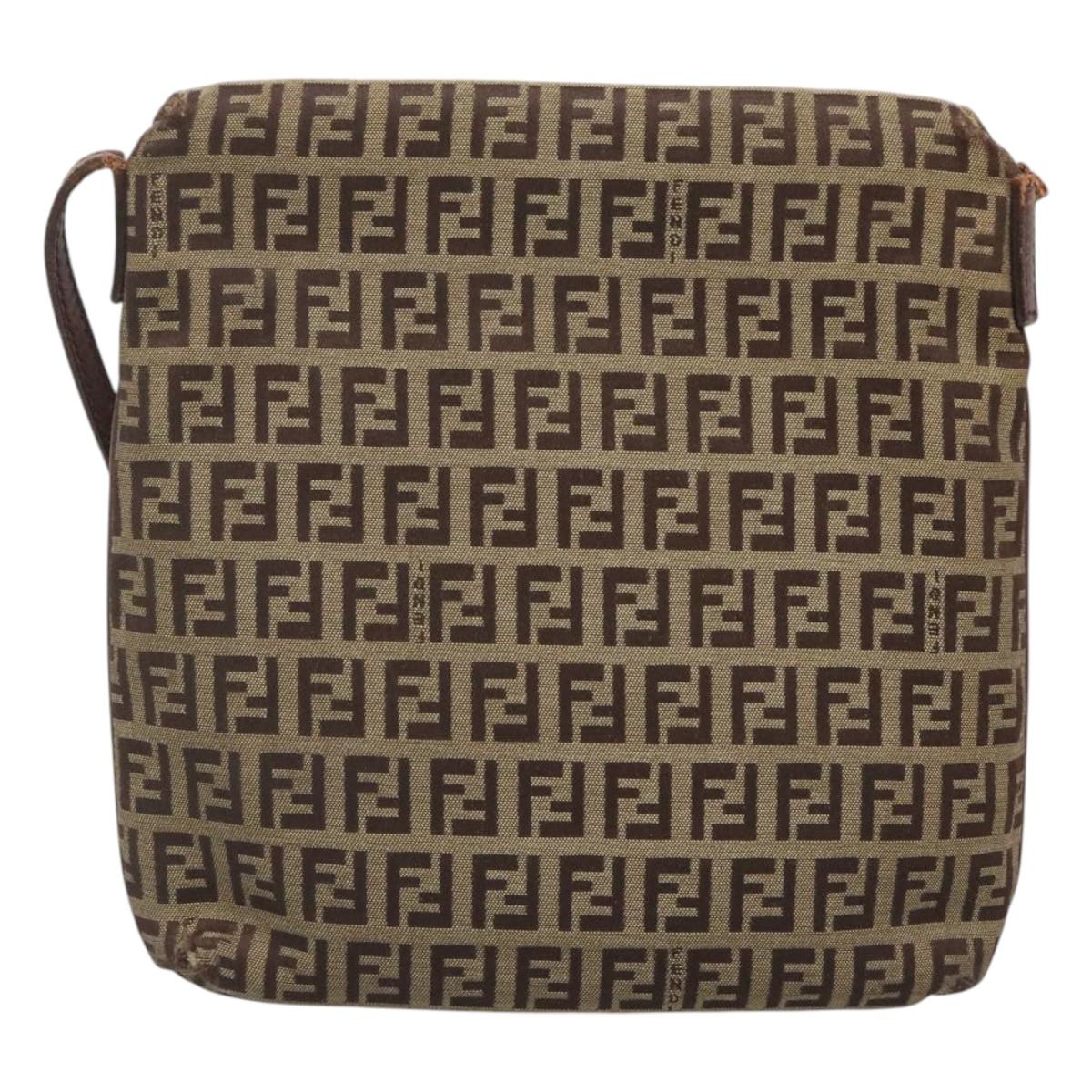 FENDI Zucchino Canvas Shoulder Bag Brown Gold Auth 124351