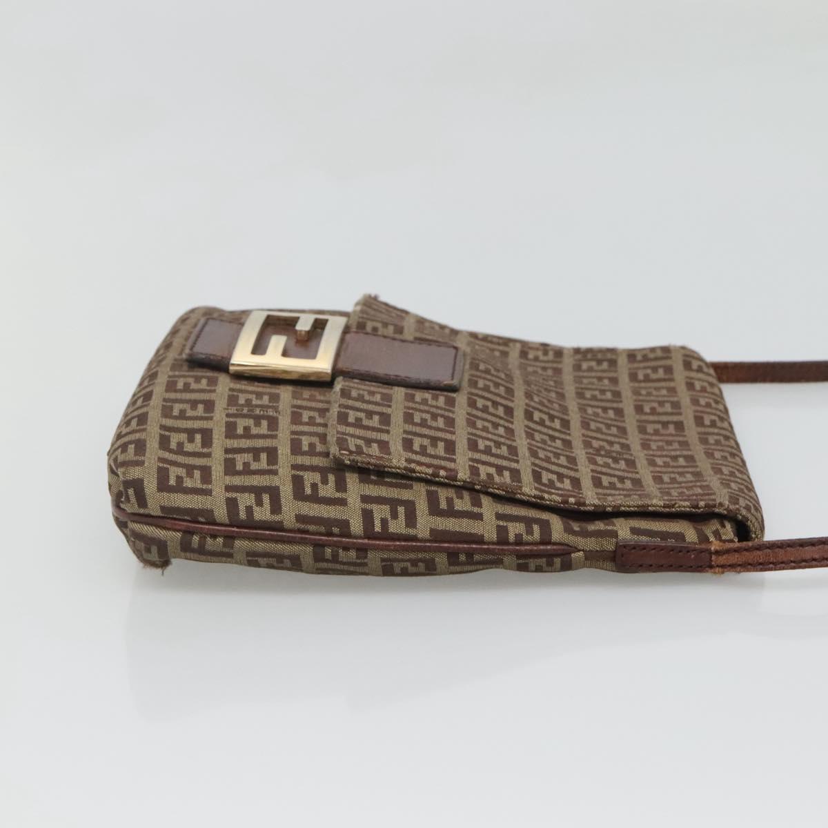 FENDI Zucchino Canvas Shoulder Bag Brown Gold Auth 124351